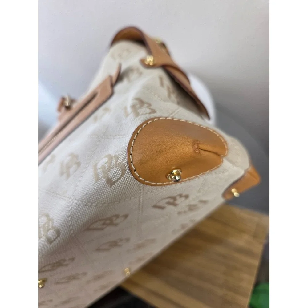 Dooney & Bourke Signature Monogram Canvas Satchel Tan Leather Trim Bag